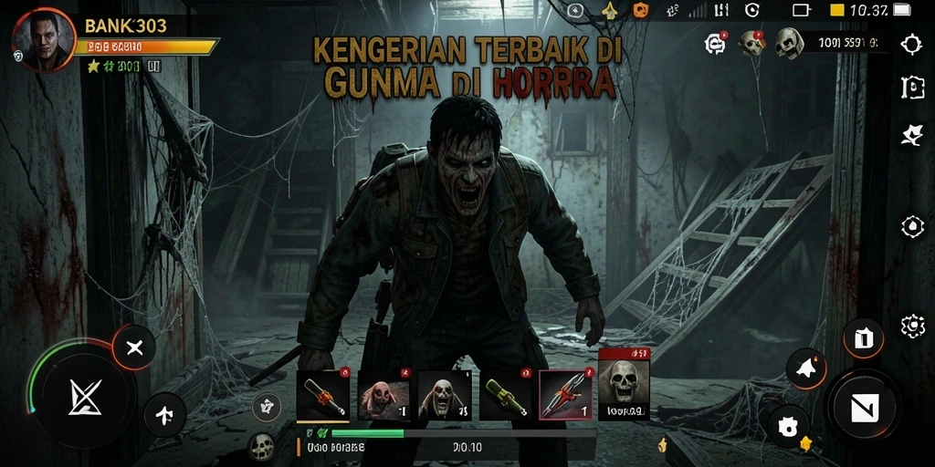 Tampilkan gameplay menakutkan BANK303 dengan suasana mencekam dan aksi seram.