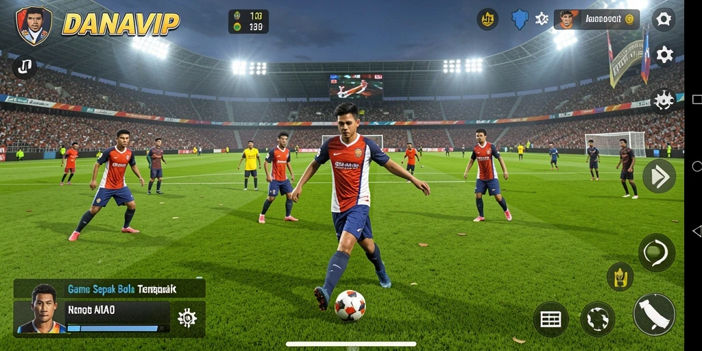 Screenshot gameplay utama DANAVIP menunjukkan aksi seru di lapangan sepak bola.