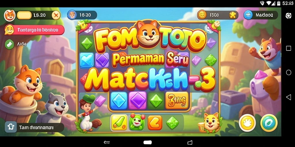 Tangkapan layar gameplay <strong>FOMOTOTO</strong> dengan tampilan menarik dari permainan Match-3.