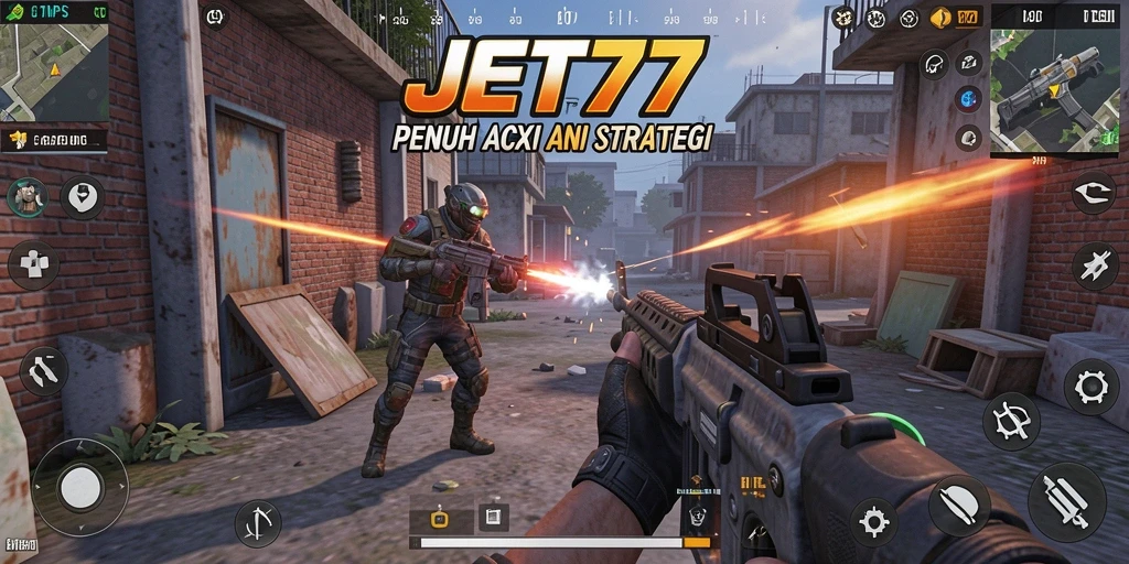 Tangkapan layar menunjukkan aksi intens dalam gameplay TPS JET77.