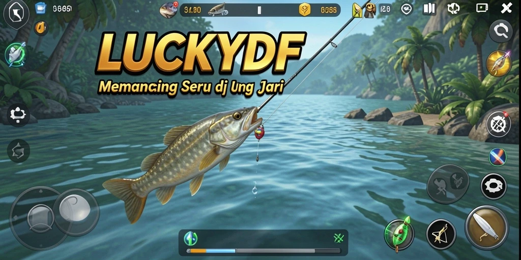 Screenshot gameplay LUCKYDF yang menampilkan pengalaman memancing yang seru.