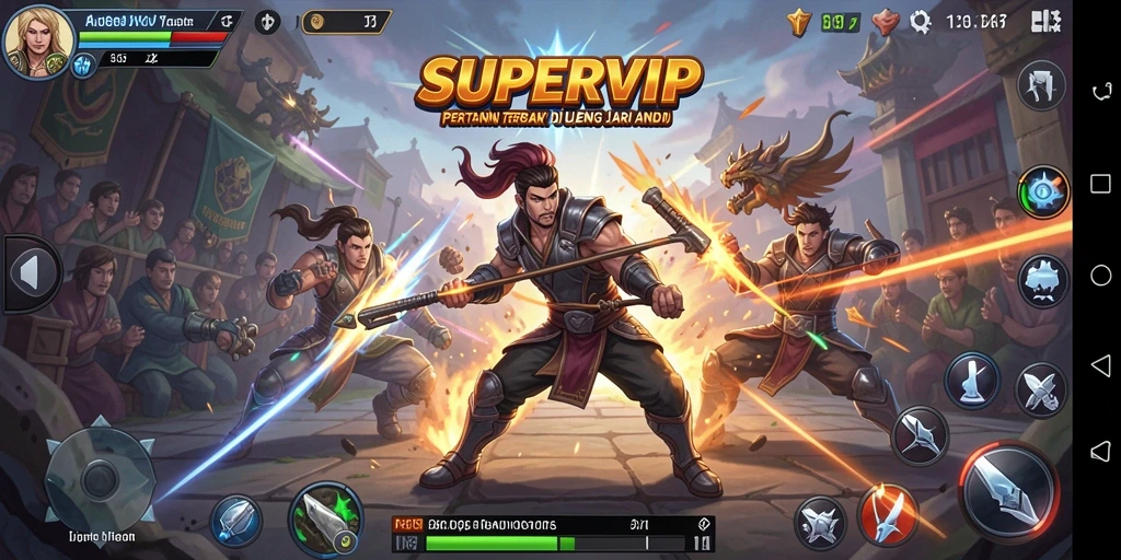 Screenshot utama SUPERVIP menampilkan pertarungan mendebarkan antara karakter-karakter unik.